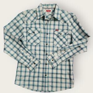 Wrangler Button Down Shirt Men's Sz S Blue White Plaid Long Sleeve Collared